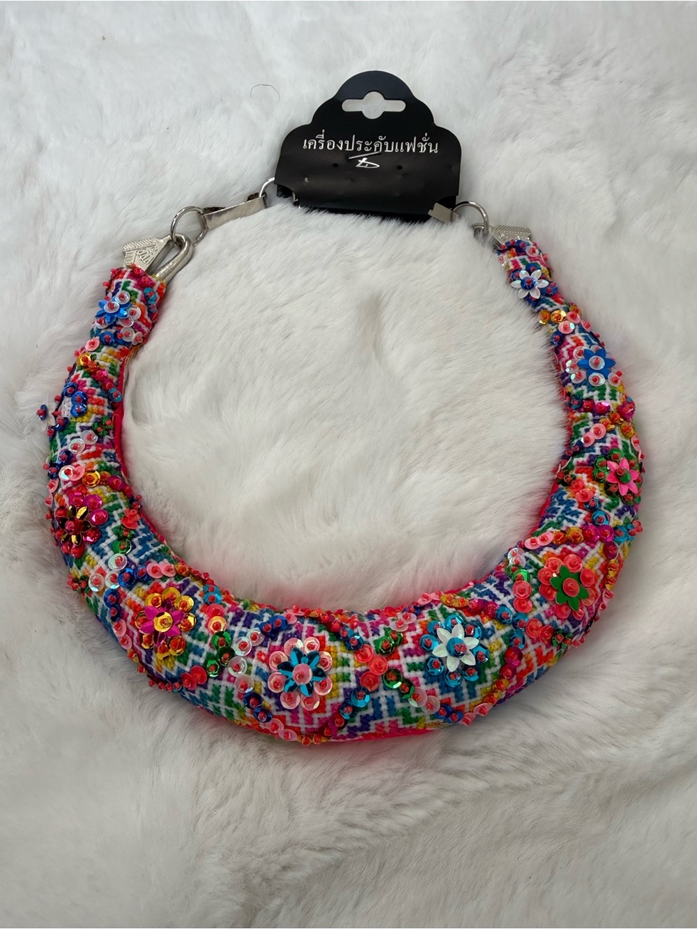 Thai Handmade Floral Statement Necklace Colorful Beaded Sequin